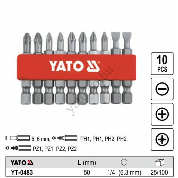 Bithegy készlet 50 mm 10 részes (5-6-PH1-PH2-PZ1-PZ2) YATO