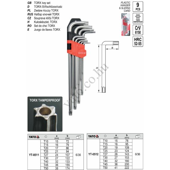 Torx kulcs készlet 9 részes (T10-T50) CrV YATO