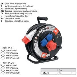YATO Hosszabító kábeldob 5x2,5 mm 240/400 V IP44 25m