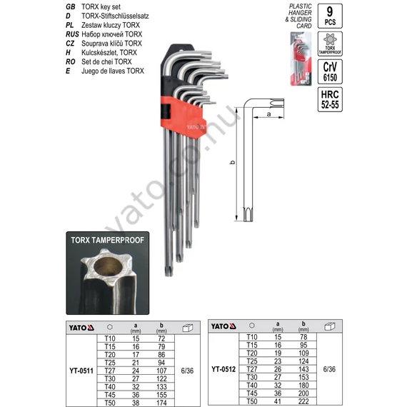 Torx kulcs készlet 9 részes (T10-T50) CrV YATO