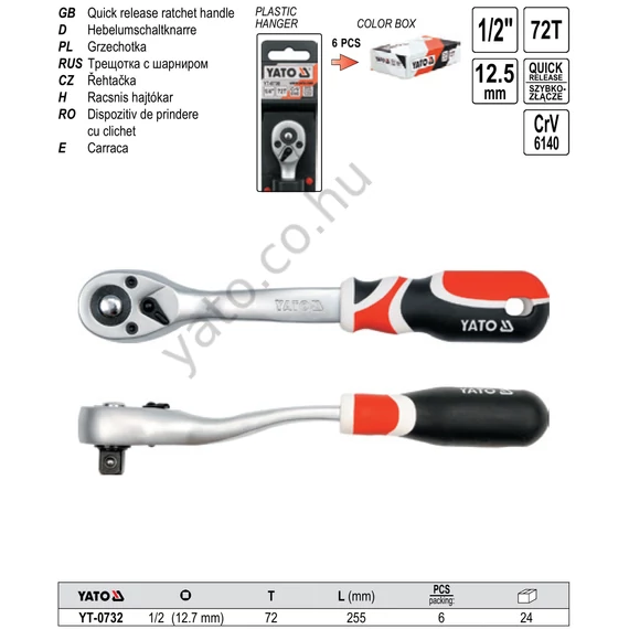 YATO Hajtószár, hajlított racsnis 1/2" 72T CrV