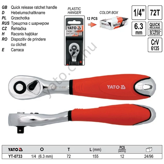 YATO Hajtószár racsnis 1/4" hajlított 72T CrV
