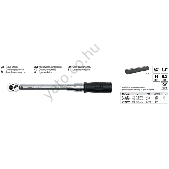 Nyomatékkulcs 1/2", 42-210 Nm YATO