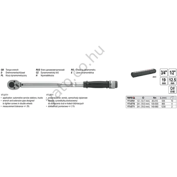 YATO Nyomatékkulcs 1/2", 40-210 Nm