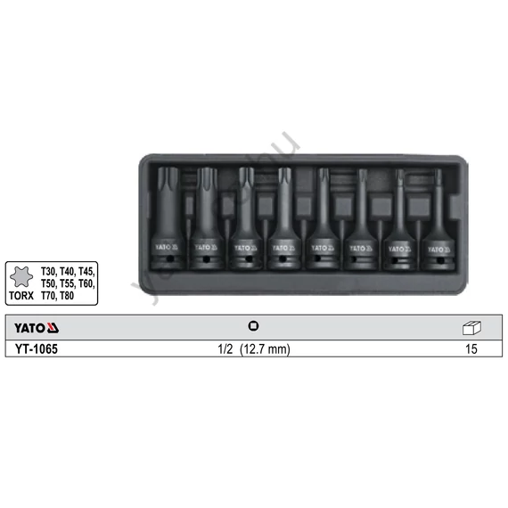 Bit dugókulcs készlet, 8 részes, TORX gépi, üthető véggel, 1/2": T30-T80 YATO