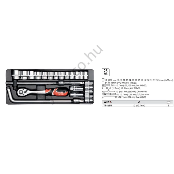 Dugókulcs készlet racsnis hajtókarral 1/2" 10-32mm