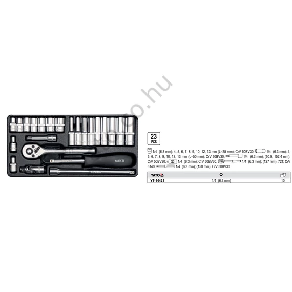 Dugókulcs készlet racsnis hajtókarral 1/4" 4-13mm