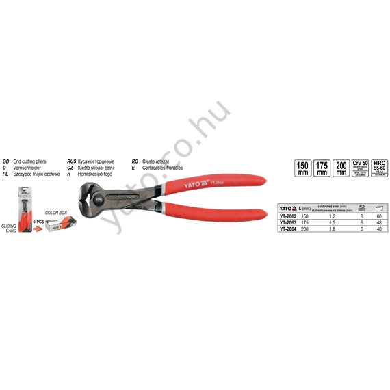 Homlokcsípő fogó 160 mm YATO