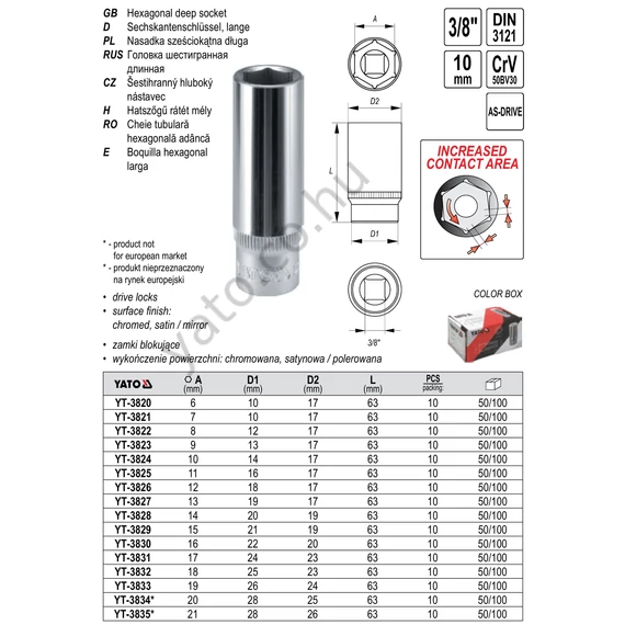 YATO Dugókulcs 3/8" 10 mm hosszú CrV